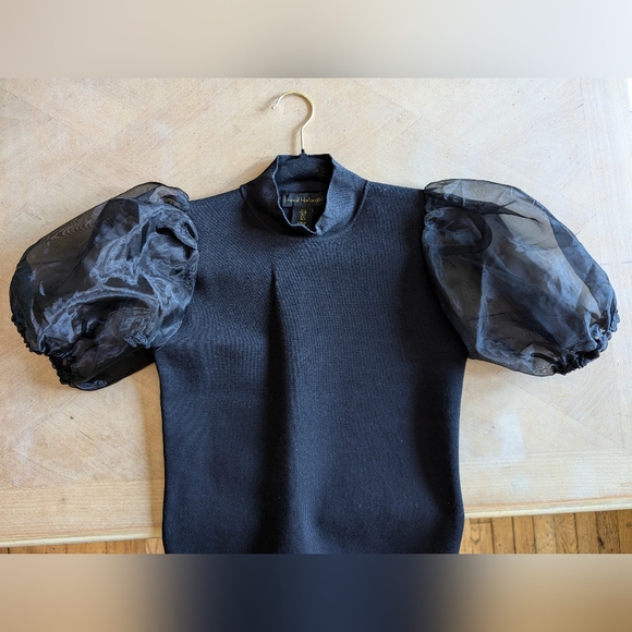 House of Harlow 1960 Black Mock Neck Top with Sheer Puff Sleeves - Picture 2 of 6